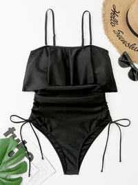 Drawstring Layered Spaghetti Strap One-Piece Swimwear