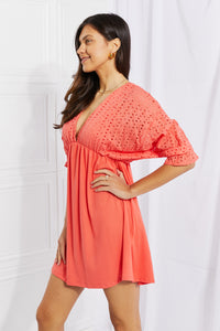 Coral Casual V Neck Short Sleeve Eyelet Contrast Dress with pockets