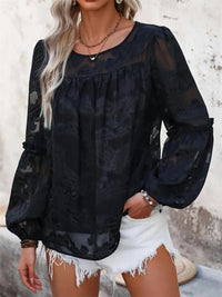 Round Neck Balloon Sleeve Blouse Lace Long Sleeve Women's Shirt