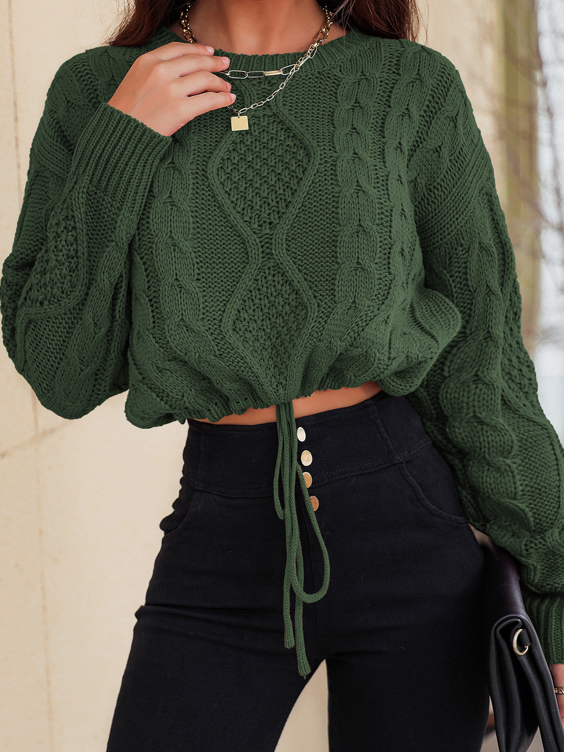 Cable-Knit Round Neck Dropped Shoulder Sweater