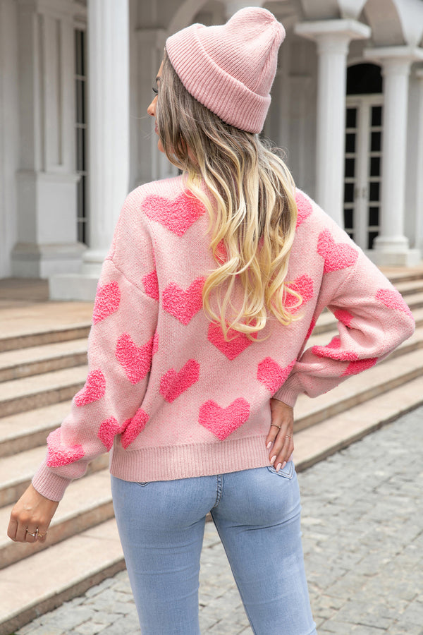 Pink Heart Print Sweatshirt Round Neck Dropped Shoulder Sweater with Heart Pattern