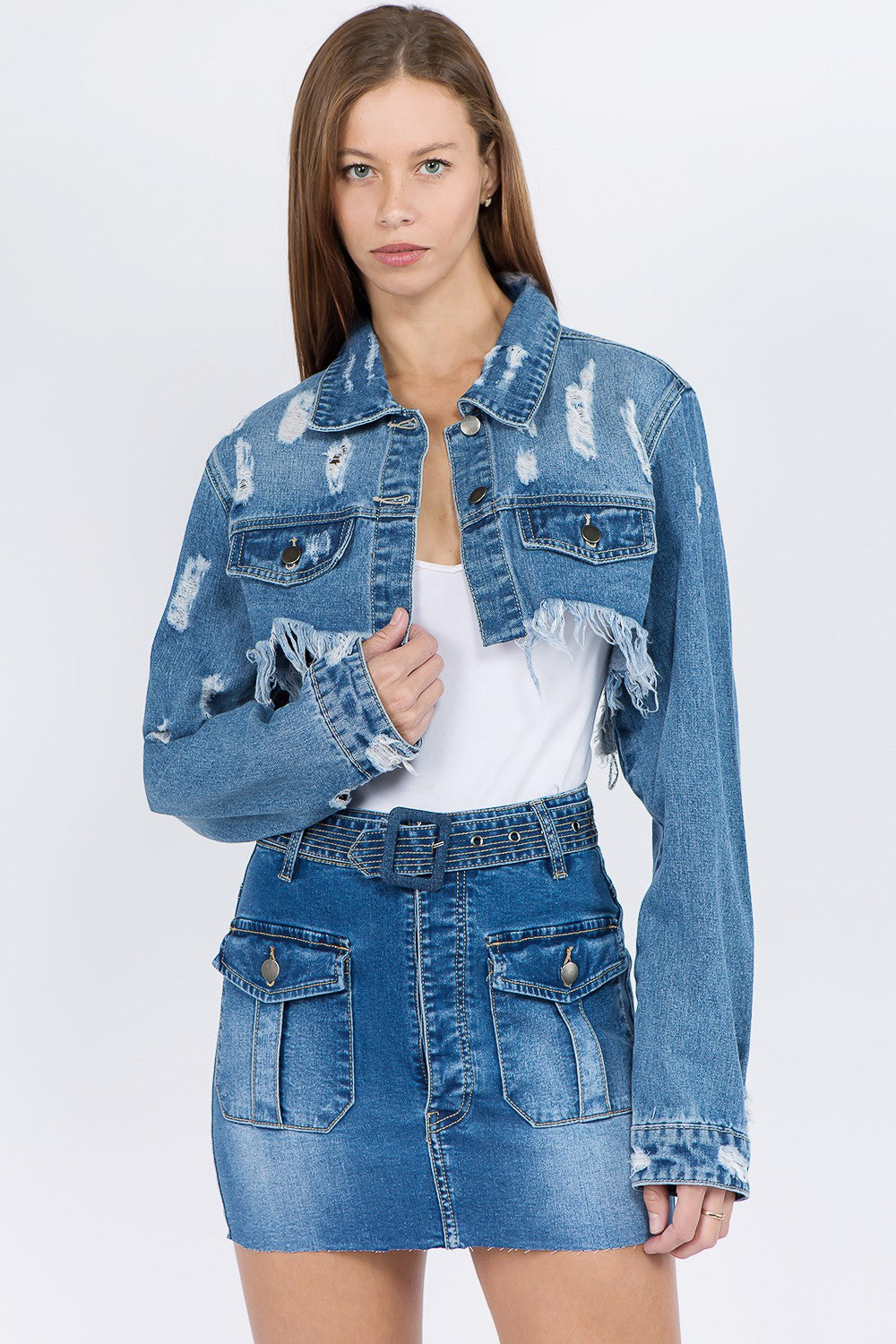 American Bazi Distressed Denim Cropped Jacket with Frayed Hem