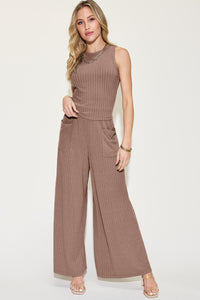 Outfit Set Ribbed Tank and Wide Leg Pants Set Petite and Plus size fashion