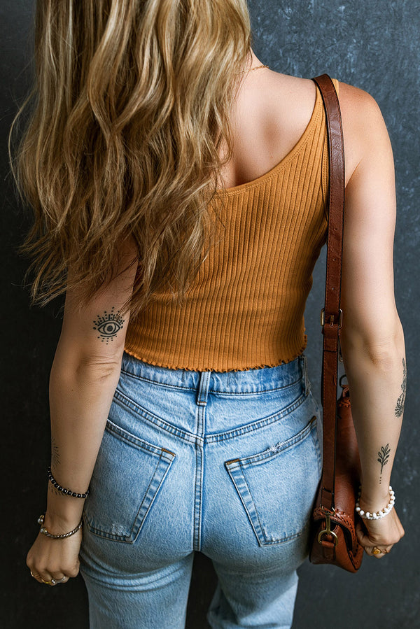 Russet Orange Ribbed Notched Neck Frilled Hem Crop Tank Top