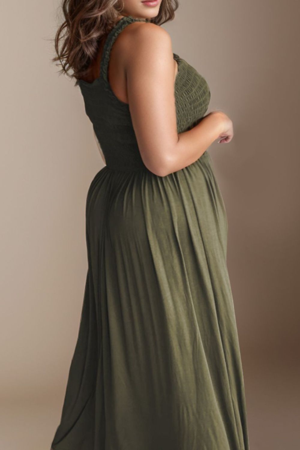 Olive Green Plus Size Dress Women's Casual Smocked Square Neck Short Sleeve Maxi Dress