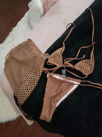 Bikini Set Sexy Cutout Crochet Halter Neck triangle Bikini Top Tied Bottoms and Skirt Three-Piece Swim Set Luxury Premium Nylon