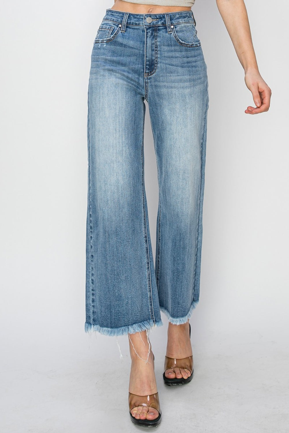 KESLEY Casual Cotton Jeans Raw Hem Cropped Wide Leg Jeans