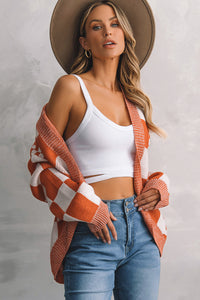 Cardigan Plaid Checkered Open Front Dropped Shoulder Sweater KESLEY