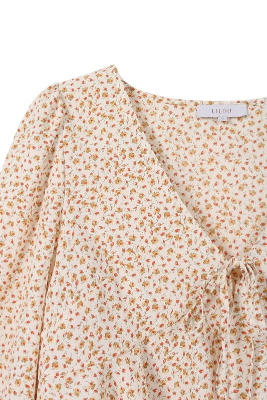 Floral Long Sleeve Tie Front Casual Top Women's Flare Bell Sleeve Shirt