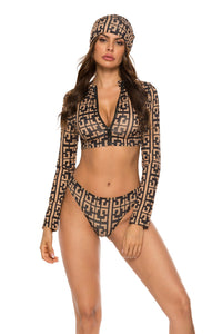 Swimsuit Set Two Piece Bikini Long Sleeve Printed Zip Up and Cover Up Skirt Three-Piece Swim Set