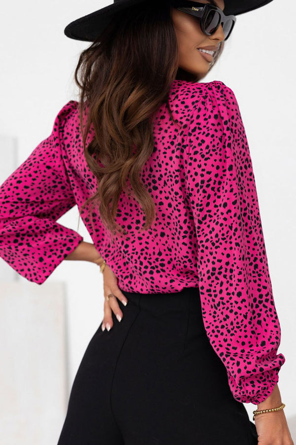 Pink Animal Print Long Sleeve Shirt Leopard Round Neck Balloon Sleeve Blouse