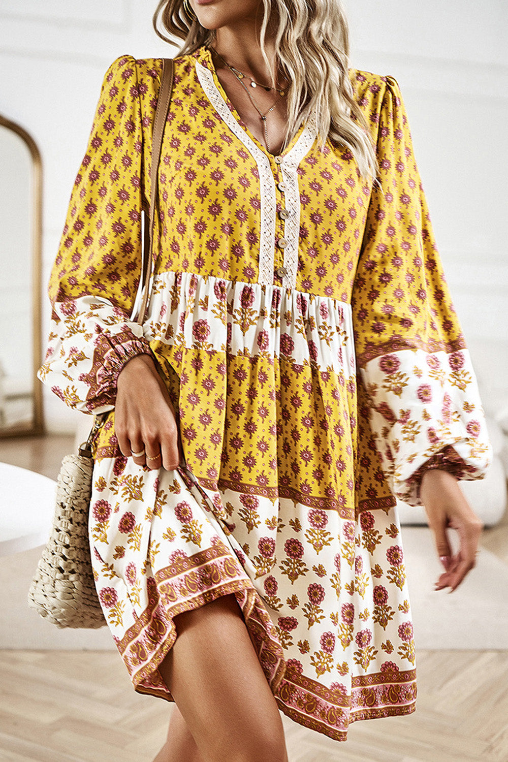 Boho Printed V-Neck Long Sleeve  Casual Dress New women's Fashion