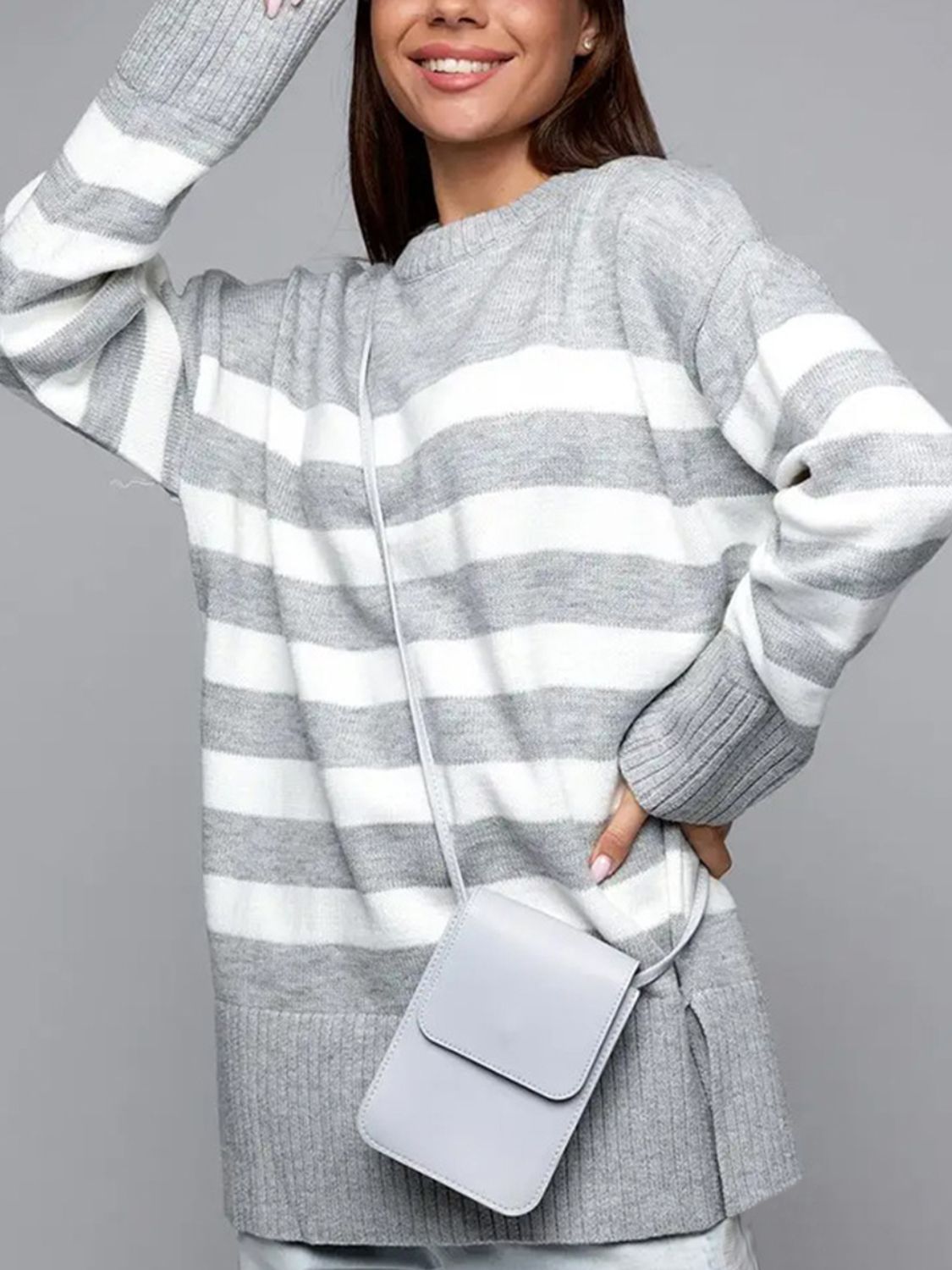 Slit Striped Round Neck Sweater New Women's Fashion