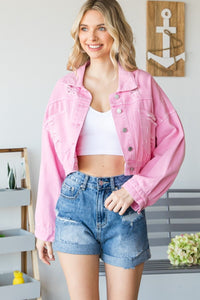 Pink Fringe Distressed Button Up Denim Jacket Women's Premium Luxury Cotton Jackets