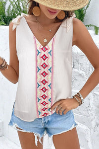 White Floral Embroidered Knot Straps Textured Tank Top