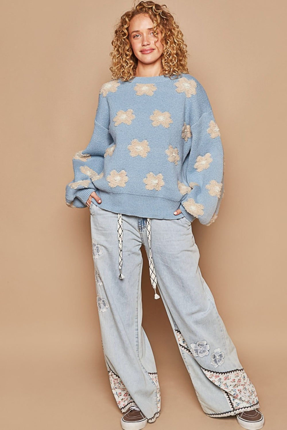 POL Daisy Pattern Drop Shoulder Sweater