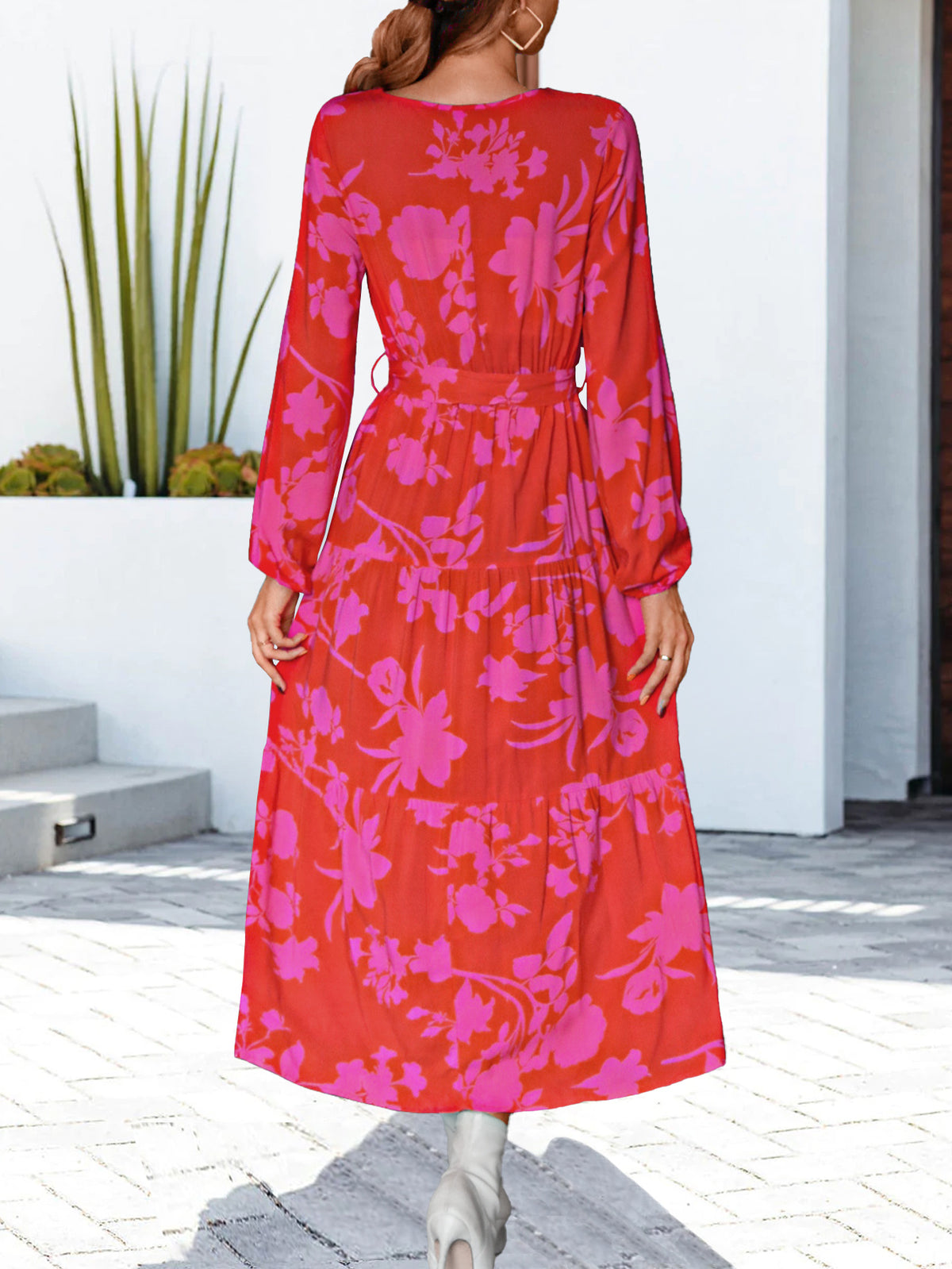 Pink Floral V-Neck Long Sleeve Midi Dress Ankle Length Casual wear