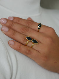Black onyx ring, 14k gold plated, sterling silver .925 waterproof rings, statement designer luxury rings, gucci, prada, ysl, chanel, influencer style rings, trending on instagram and tiktok unique rings, popular rings, real gemstone rings, real black crystals, what is onyx, properties of onyx, jewelry, pinterest. Kesley Boutique