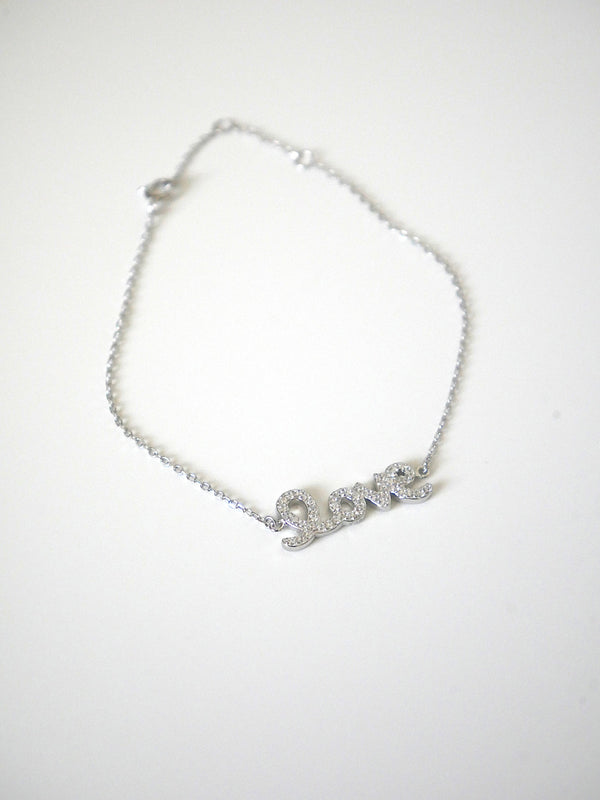 Love in Cursive Bracelet, .925 Sterling Silver Diamond CZ Hypoallergenic Waterproof Bracelet