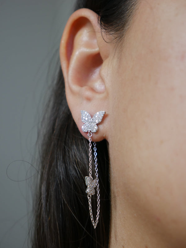 Butterfly earrings pave diamond cz rhine stone diamond simulation earrings. dainty butterfly earrings with chain, post stud earrings designer luxury earrings for sensitive ears trending and popular, cute earrings, vacation, gift ideas, long unique earrings influencer style. sparkly earrings white gold, expensive nice jewelry for cheap