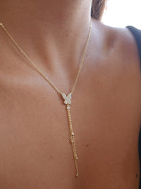 Butterfly Necklace Tassel fringe Diamond CZ 925 Sterling Silver Y Lariat Necklace