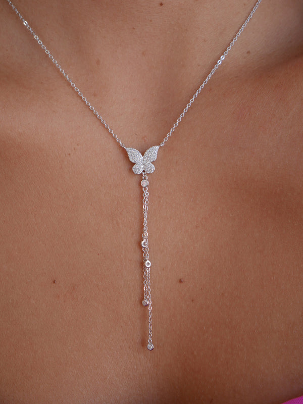 Butterfly Necklace .925 Sterling Silver Waterproof Y Lariat Dainty trending on instagram shops and reels influencer butterfly necklaces Miami shopping  cute jewelry Kesley Boutique 