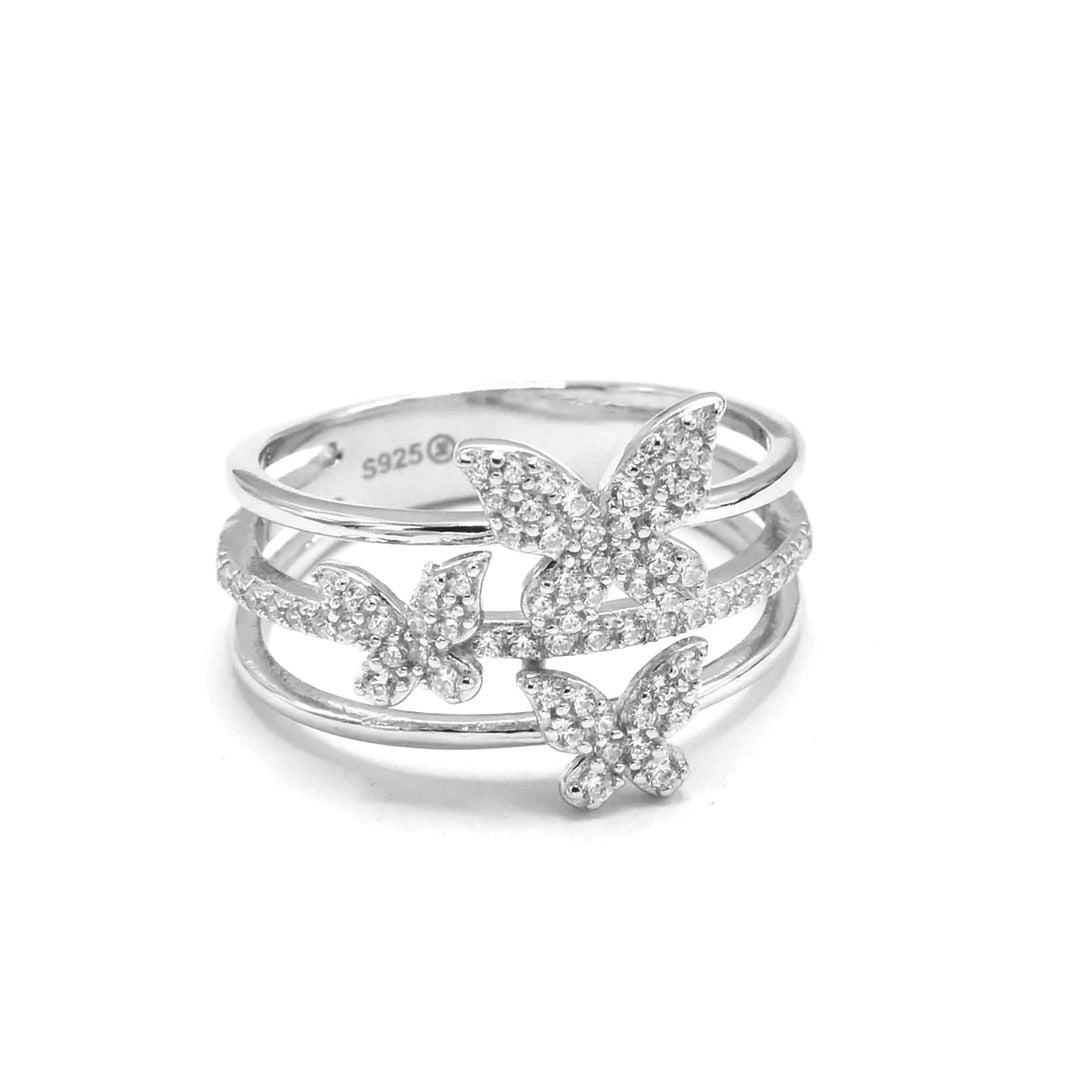 butterfly ring with three butterflies pave diamond cz sterling silver waterproof rings designer luxury stack rings statement jewelry for everyday Kesley Boutique, influencer style rings trending on instagram and tiktok, unique rings gift ideas, fashionable designer jewelry for everyday inexpensive, sparkly butterfly rings, Miami Brickell