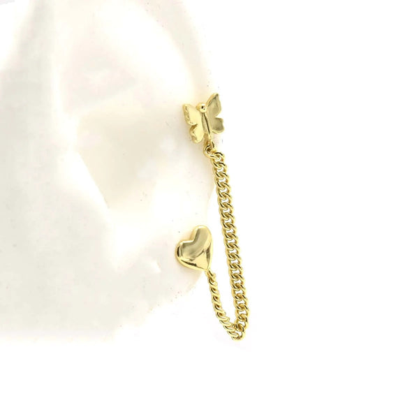 Single double earrings. Single chained earrings for same ear. Cartilage butterfly earrings water resistant jewelry . Earrings for sensitive ears. Chain connected earrings, Shopping in Miami. Heart and butterfly jewelry.  