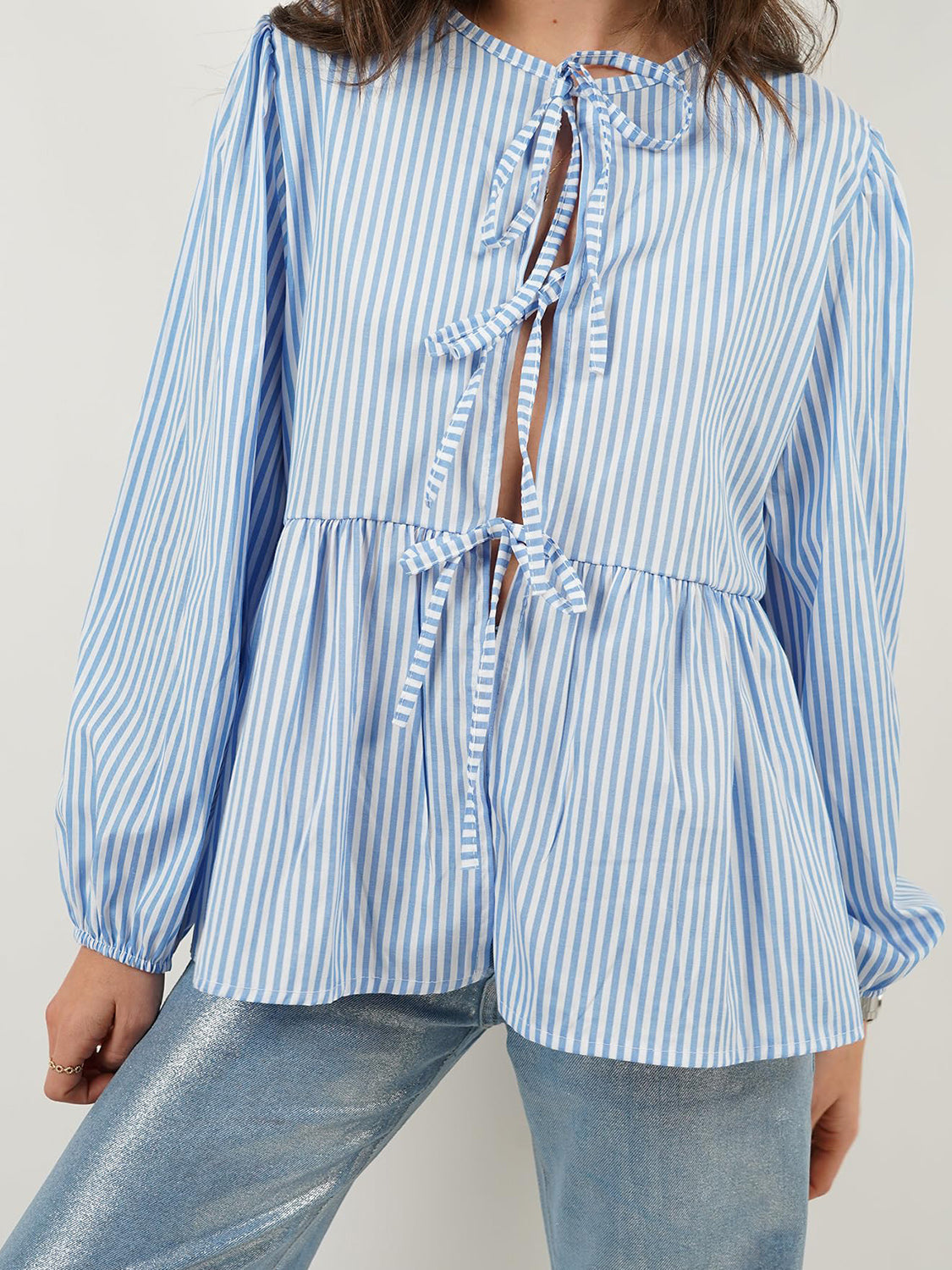 Tied Round Neck Long Sleeve Blouse