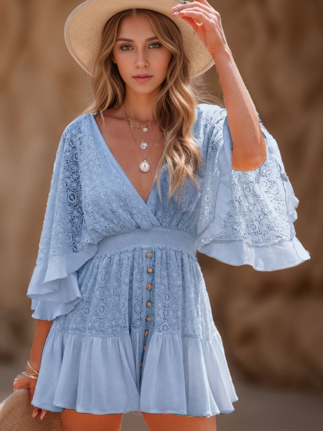 Casual Summer Dress V Neckline Lace Cutout Half Flare Sleeve Ruffle Mini Dress KESLEY