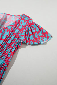 Red V Neck Flutter Sleeve Floral Print Ruffled Maxi Dress