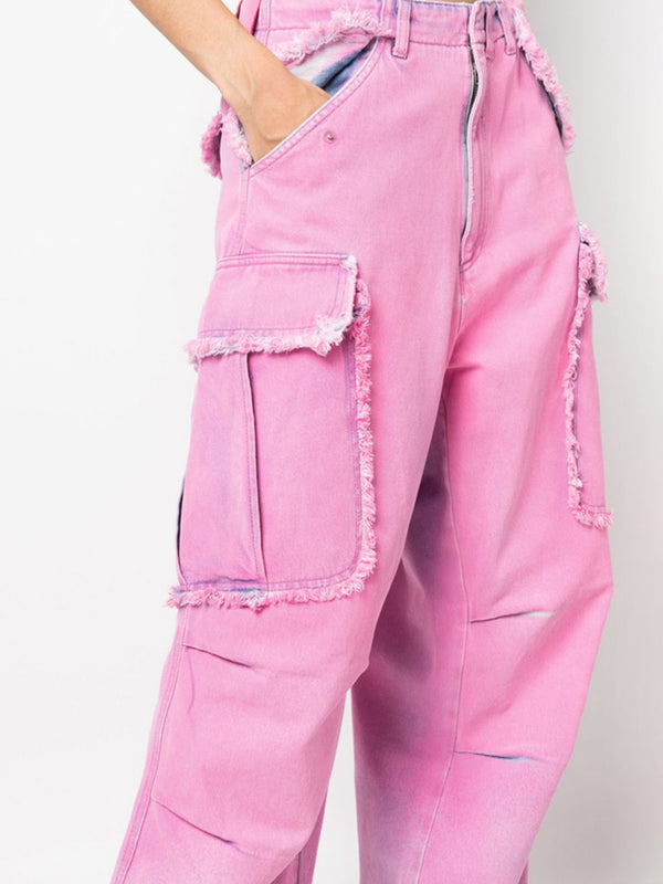 Pink Frayed Detail Cargo Jeans New Women's Luxury Fashion 100% Cotton Baggy Jeans
