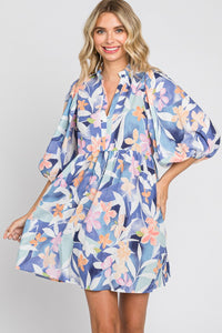 KESLEY Floral Print Mini Dress Floral Balloon Sleeve Casual Day Dress