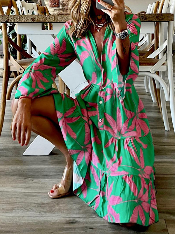 Pink and Green Casual Printed Notched Long Sleeve Mini Dress