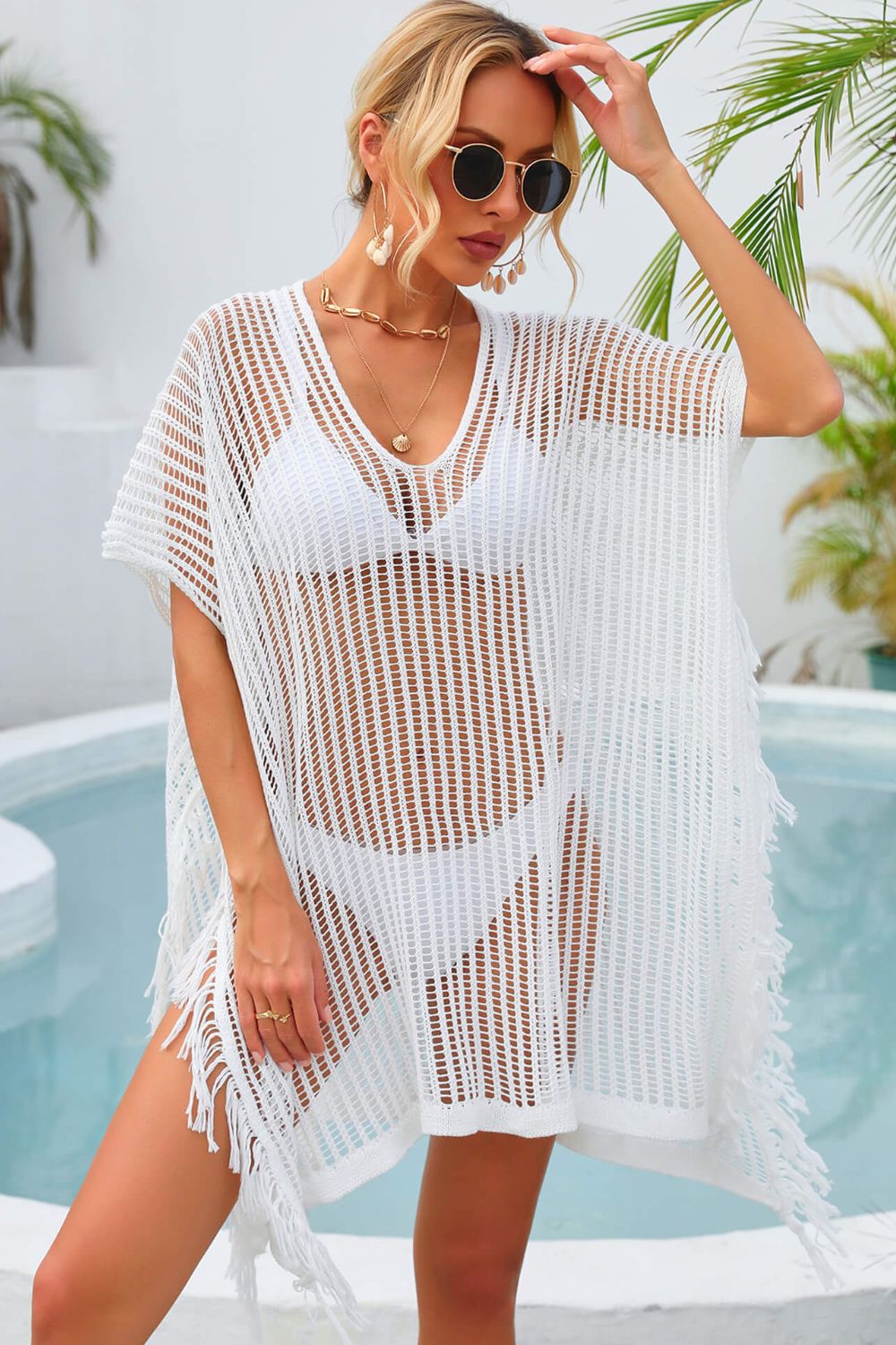 Fringe Trim Openwork Bikini - Swimsuit Cover Up Dress