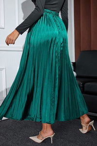 Pleated Elastic Waist Midi Skirt Women's Fashion Long Satin Skirt