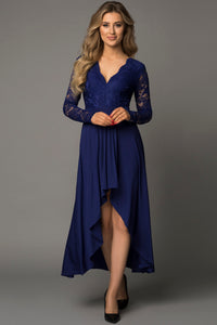 Elegant Lace Long Sleeves High-Low V-Neck Formal Midi Dress