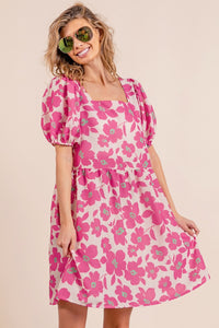 KESLEY Printed Square Neck Puff Sleeve Mini Dress