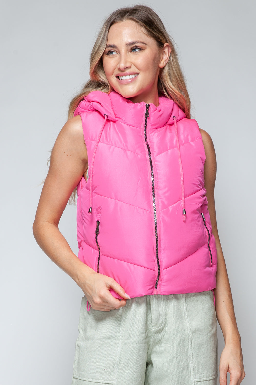 Pink Sleeveless Puffy New Women's Fashion Trending Jacket Zip Up Quilted Hooded Vest