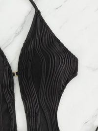 Black One-Piece Swimsuit Sexy Plunge Neckline Backless Textured Cutout Tied Bathing suit