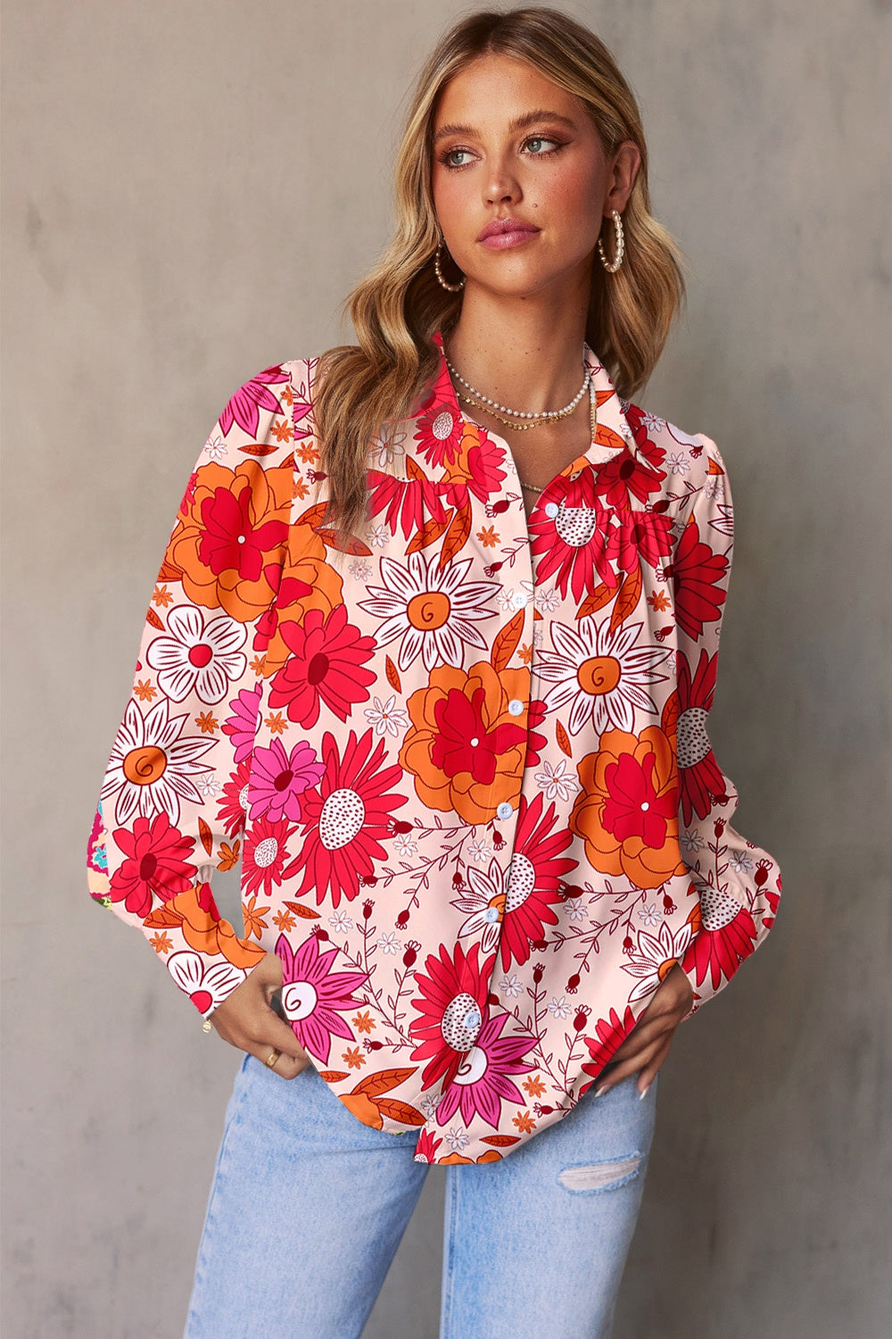 Floral Print Blouse Collared Neck Long Sleeve Shirt