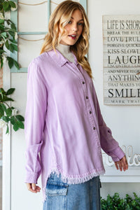 Denim Shirt Women's Fashion Lilac Raw Hem Button Up Long Sleeve Shirt