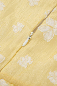 Yellow Boho Flower Jacquard Puff Sleeve Square Neck Mini Dress