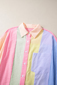 Pink Stripe Color Block Chest Pocket Oversized Shirt