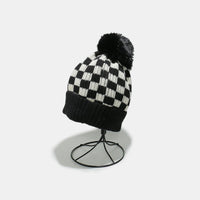 Checkered Knit Hat with Pompom