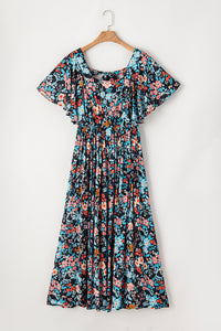 Sky Blue Floral Knotted Back Square Neck Maxi Dress