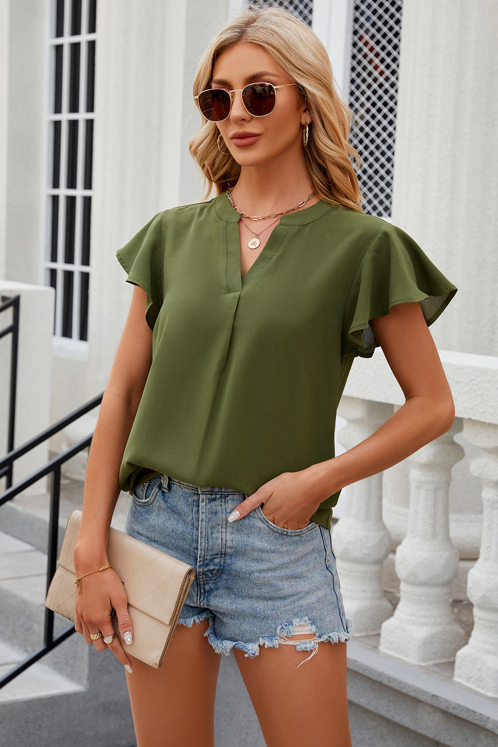 Short Sleeve Blouse Women's Fashion Notched Cap Sleeve T-Shirt