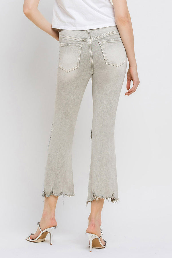 KESLEY Distressed Raw Hem Cropped Flare Jeans