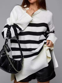 Slit Striped Round Neck Sweater New Women's Fashion