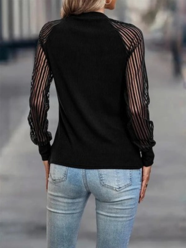 Black Long Sleeve Top Women's Fashion Casual Mock Neck Raglan Sheer Sleeve Blouse